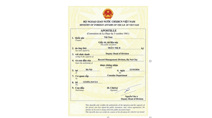 Mẫu chứng nhận Apostille của Việt Nam triển khai từ 11/9/2026
