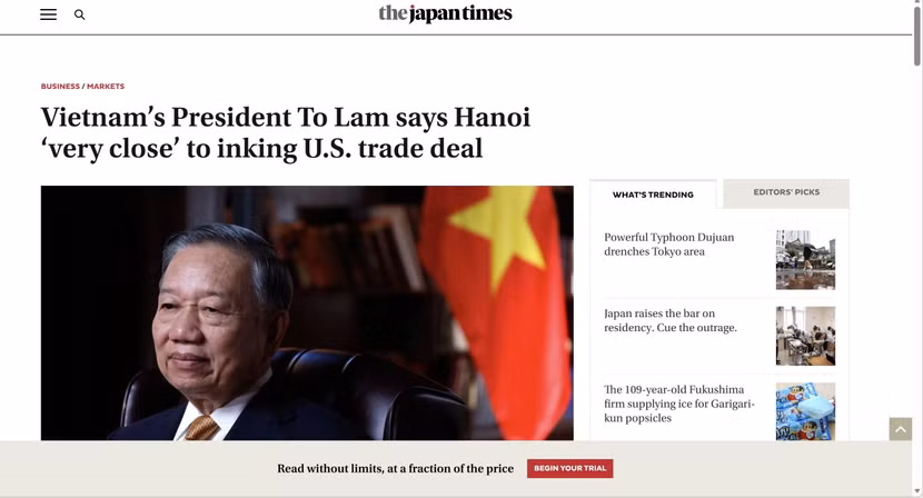 Bài đăng trên The Japan Times (ảnh chụp màn hình)