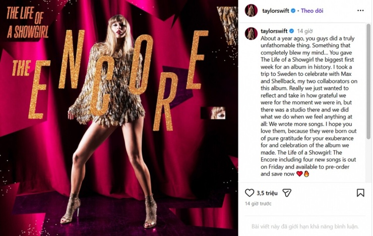 Taylor Swift chia sẻ trên trang Instagram cá nhân.