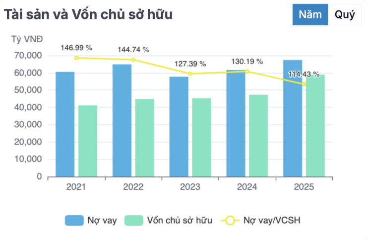Tình hình nợ vay/vốn chủ sở hữu của NVL giai đoạn 2021 - 2025. Biểu đồ: FireAnt