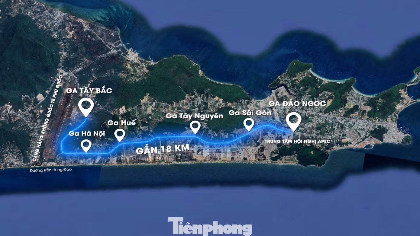 Bản đồ bố trí các ga của tuyến LRT Phú Quốc. Đồ họa: Doãn Cường