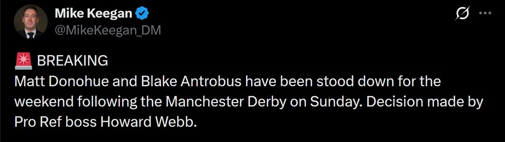 Hiệp hội trọng tài đình chỉ Donohue và Antrobus sau sự cố ở trận derby Manchester, trước khi MU kịp yêu cầu trách nhiệm thỏa đáng cho sai lầm từ 2 người này