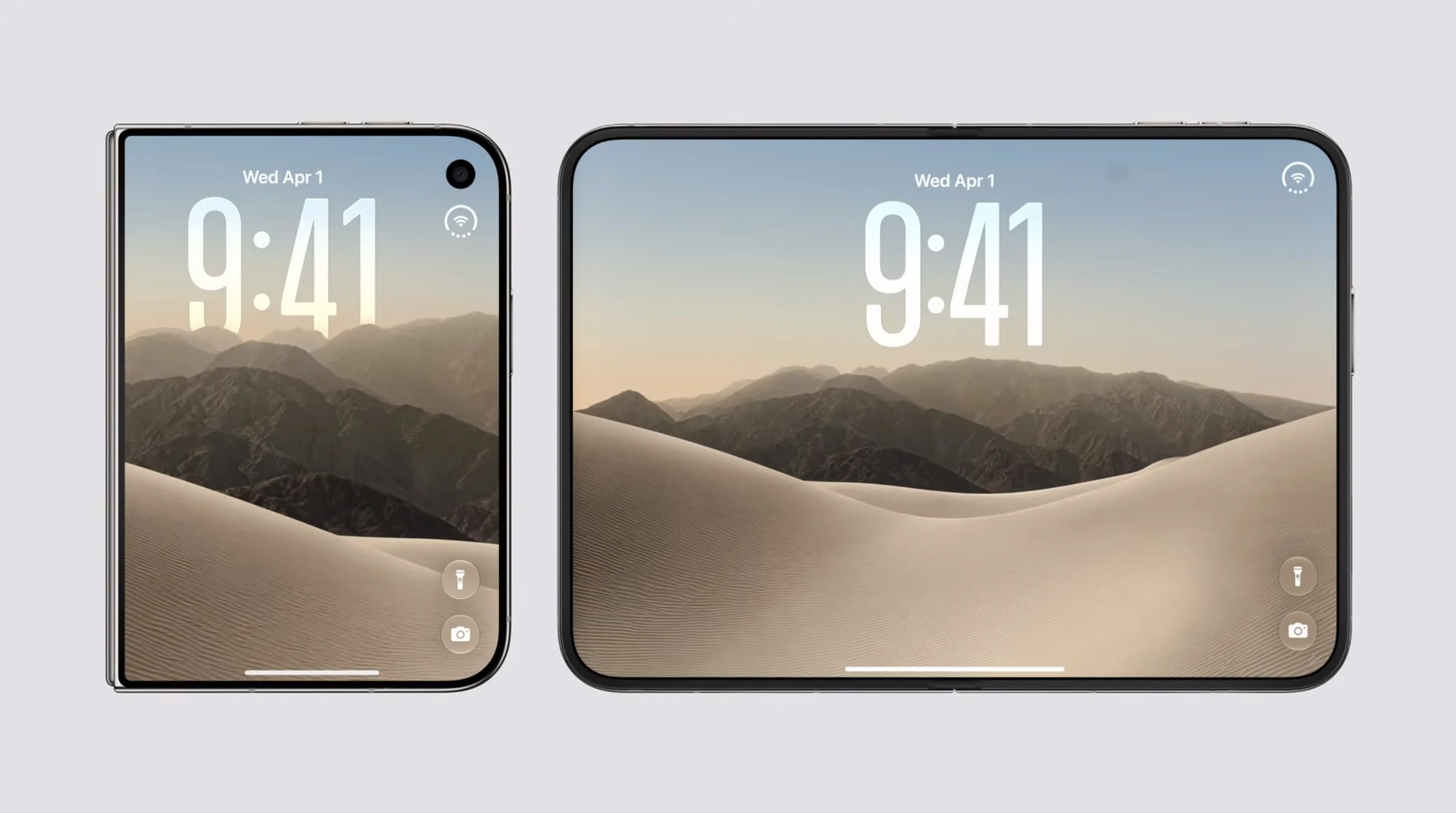 Màn hình ngoài (trái) và màn hình trong (phải) của iPhone Duo.