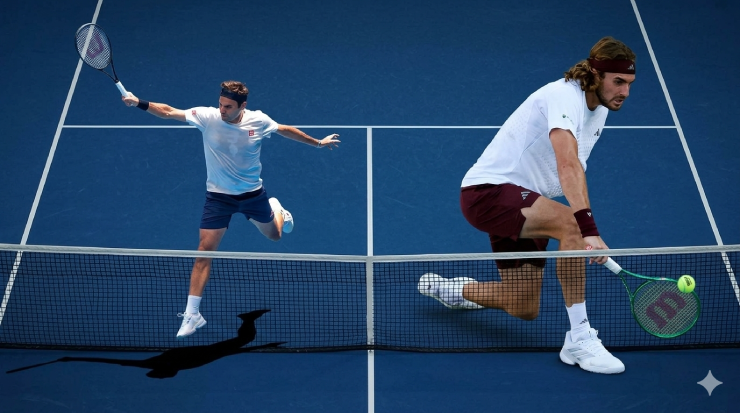 Trái 1 tay, cú đánh thương hiệu của Federer (ảnh trái) đang dần dần chìm vào dĩ vãng