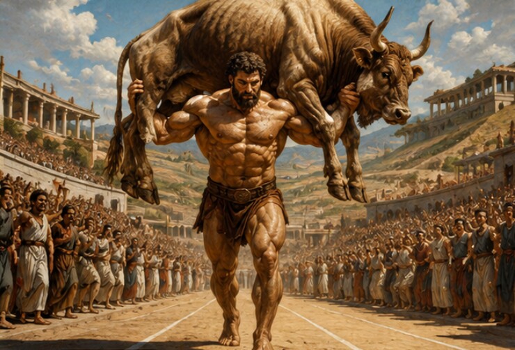 Milo xứ Croton vác bò mộng chạy băng băng quanh đấu trường Olympic cổ đại giữa tiếng reo hò của hàng vạn khán giả