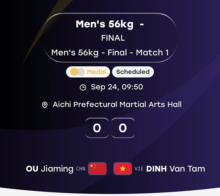 Đinh Văn Tâm tranh HCV wushu với võ sĩ Trung Quốc vào lúc 7h50 sáng ngày 24/9 (theo giờ Việt Nam)