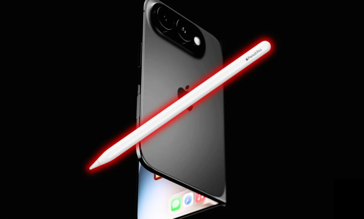Ảnh concept iPhone màn hình gập và bút cảm ứng.