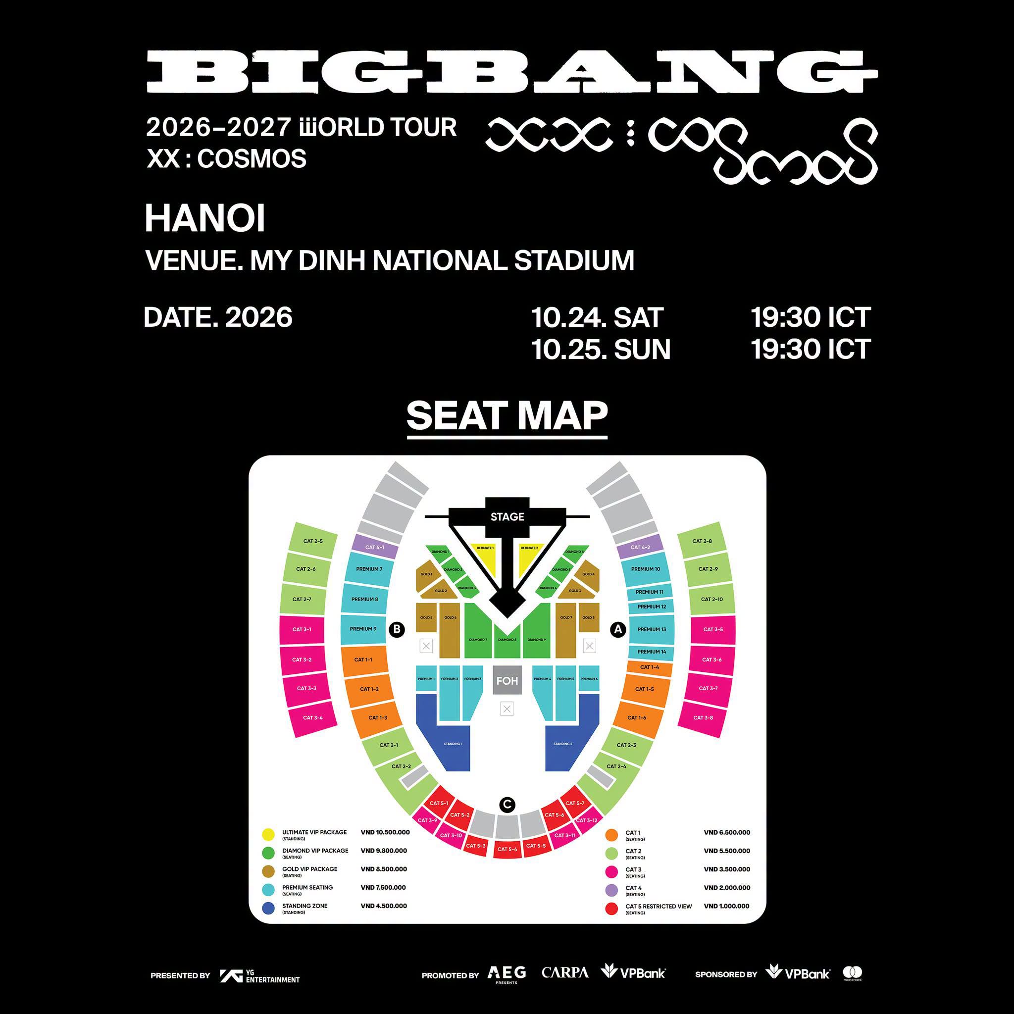 Sơ đồ chỗ ngồi và giá vé tại BIGBANG 2026-2027 WORLD TOUR < XX : COSMOS > IN HANOI.