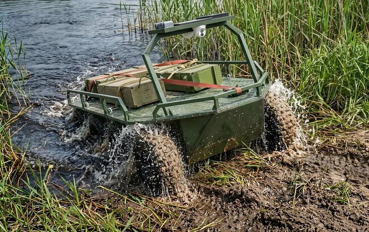 Thiết bị robot Triton của Ukraine đã hoàn thành quãng đường dài hơn 40 km qua cả địa hình đường bộ lẫn đường thủy để vận chuyển lương thực và đạn dược trực tiếp đến các vị trí tác chiến. Ảnh: Bộ Quốc phòng Ukraine
