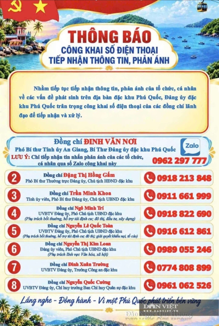 Số điện thoại 0962 297 777 của ông Đinh Văn Nơi chỉ nhận tin nhắn phản ánh qua Zalo. Ảnh: Văn phòng Đảng uỷ đặc khu Phú Quốc