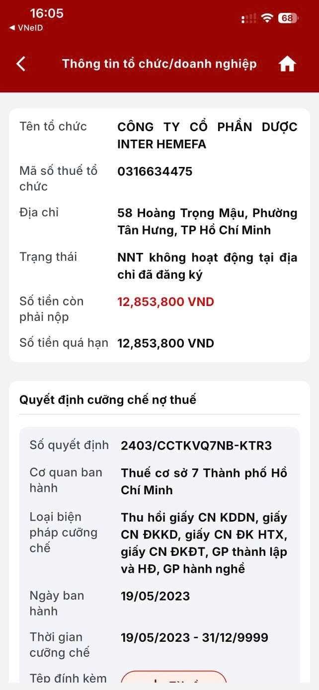Khoản nợ thuế doanh nghiệp bất thường xuất hiện trên hệ thống eTax. Ảnh: Nhân vật cung cấp.