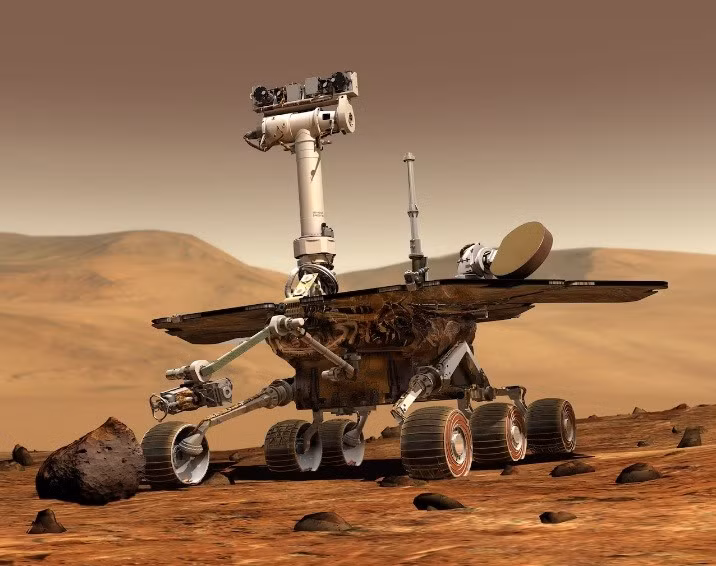Xe tự hành thám hiểm Sao Hỏa của NASA đang ở trên bề mặt hành tinh này. Hai chiếc xe tự hành song sinh thuộc dòng này là Spirit và Opportunity đã được phóng vào năm 2003 và lần lượt đổ bộ xuống các địa điểm khác nhau trên Sao Hỏa vào tháng 1/2004. Minh họa: NASA.