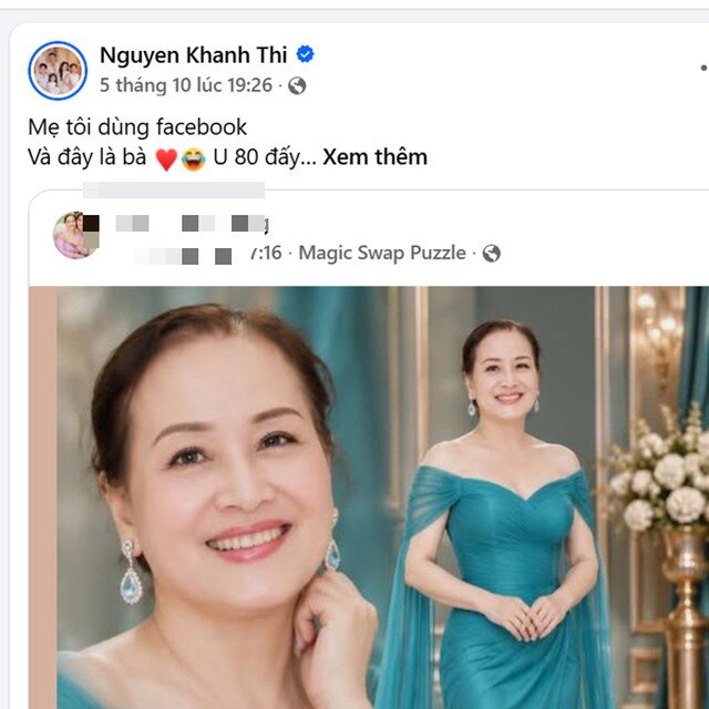 Khánh Thi chia sẻ lại tương tác của mẹ ruột trên mạng xã hội. Hình ảnh của mẹ ruột nữ kiện tướng dancesport gây chú ý vì quá trẻ đẹp.