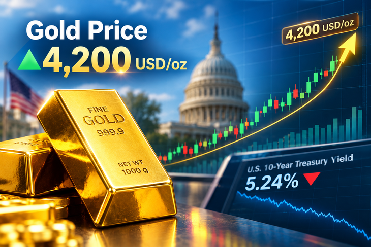 Giá vàng thế giới tăng lên mức 4.200 USD khi lợi suất trái phiếu Mỹ suy giảm (ảnh AI).