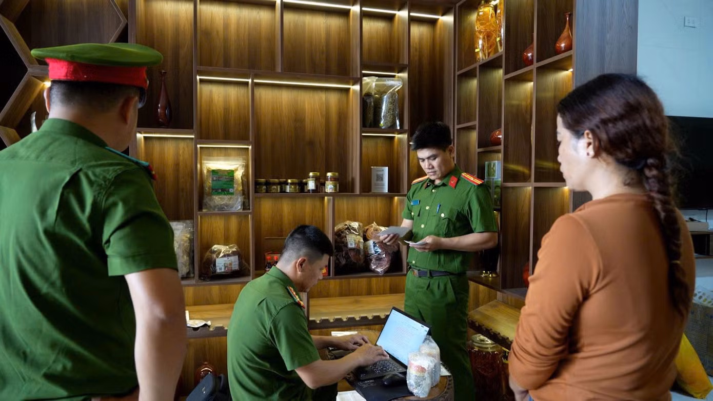 Lực lượng chức năng phát hiện gần 400 chai thủy tinh trưng bày mặt hàng rượu củ sâm và sâm ngâm mật ong có dán tem, nhãn các sản phẩm tên “Ngọc Linh” không đúng quy định.