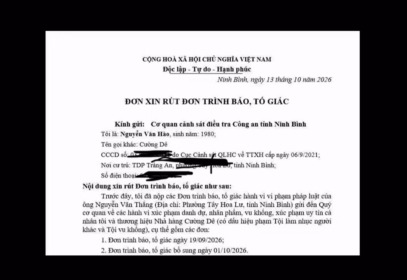 Lá đơn được đăng tải trên FB nhà hàng Cường Dê.