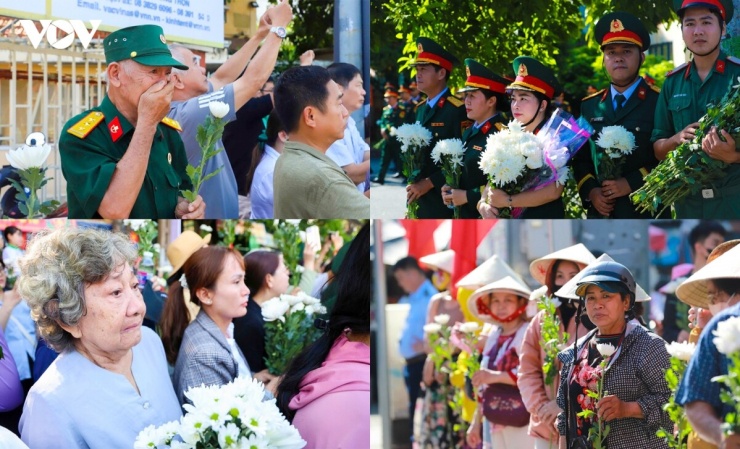 Nhiều người dân và các cựu chiến binh, cán bộ chiến sĩ lặng lẽ rơi nước mắt tiễn đồng đội về nơi an nghỉ cuối cùng