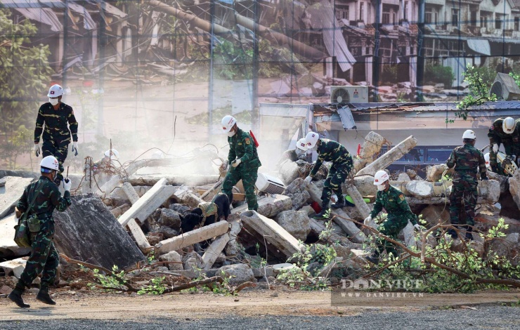Bên cạnh thảm họa mưa bão, diễn tập cũng tập trung các nội dung liên quan đến thảm họa sụp đổ, sạt lở và động đất. Lực lượng Công binh phối hợp cùng đội chó nghiệp vụ Biên phòng triển khai nội dung tìm kiếm cứu nạn, cứu hộ trong đống đổ nát tại hiện trường giả định thảm họa.