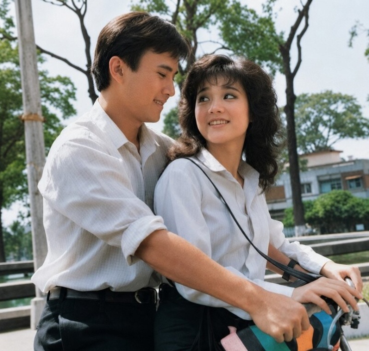 Lê Công Tuấn Anh ngồi sau xe đạp, nở nụ cười hiền khi nhìn Mỹ Duyên trong phim "Trái tim chó sói".&nbsp;