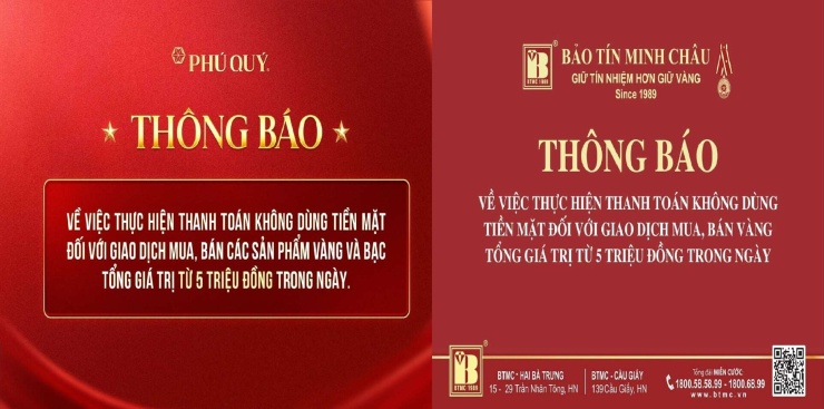 Nhiều thương hiệu vàng thông báo về thanh toán không dùng tiền mặt với giao dịch mua bán vàng từ 5 triệu đồng/ngày trên các fanpage. Ảnh: Chụp màn hình