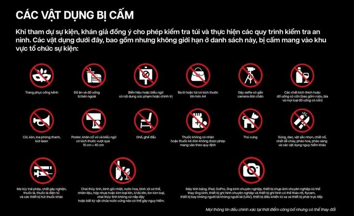 Danh sách các vật dụng bị cấm tại concert.