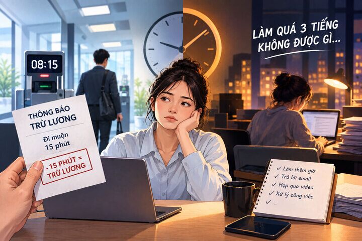 Đi muộn 15 phút bị trừ lương nhưng làm thêm 2 tiếng không được gì.