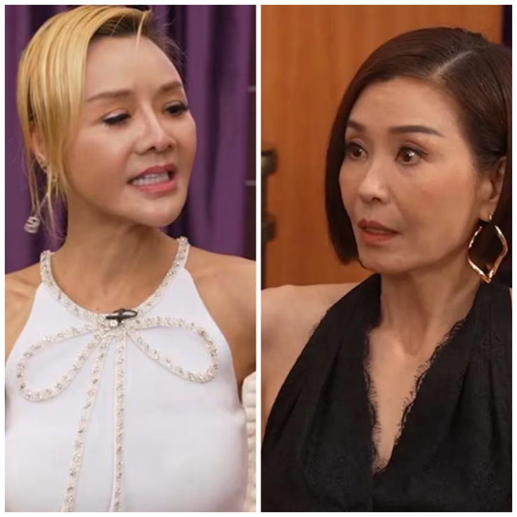 Ngũ Vịnh Hy (áo đen) ngạc nhiên khi biết đồng nghiệp Diệp Tử My (áo trắng) từng hẹn hò với chồng cũ của cô.