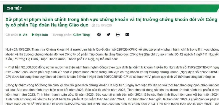 UBCKNN vừa ban hành quyết định xử phạt 230 triệu đồng đối với Công ty Cổ phần Tập đoàn Hạ tầng Giáo dục do loạt vi phạm kéo dài về công bố thông tin và trái phiếu (Ảnh chụp màn hình)