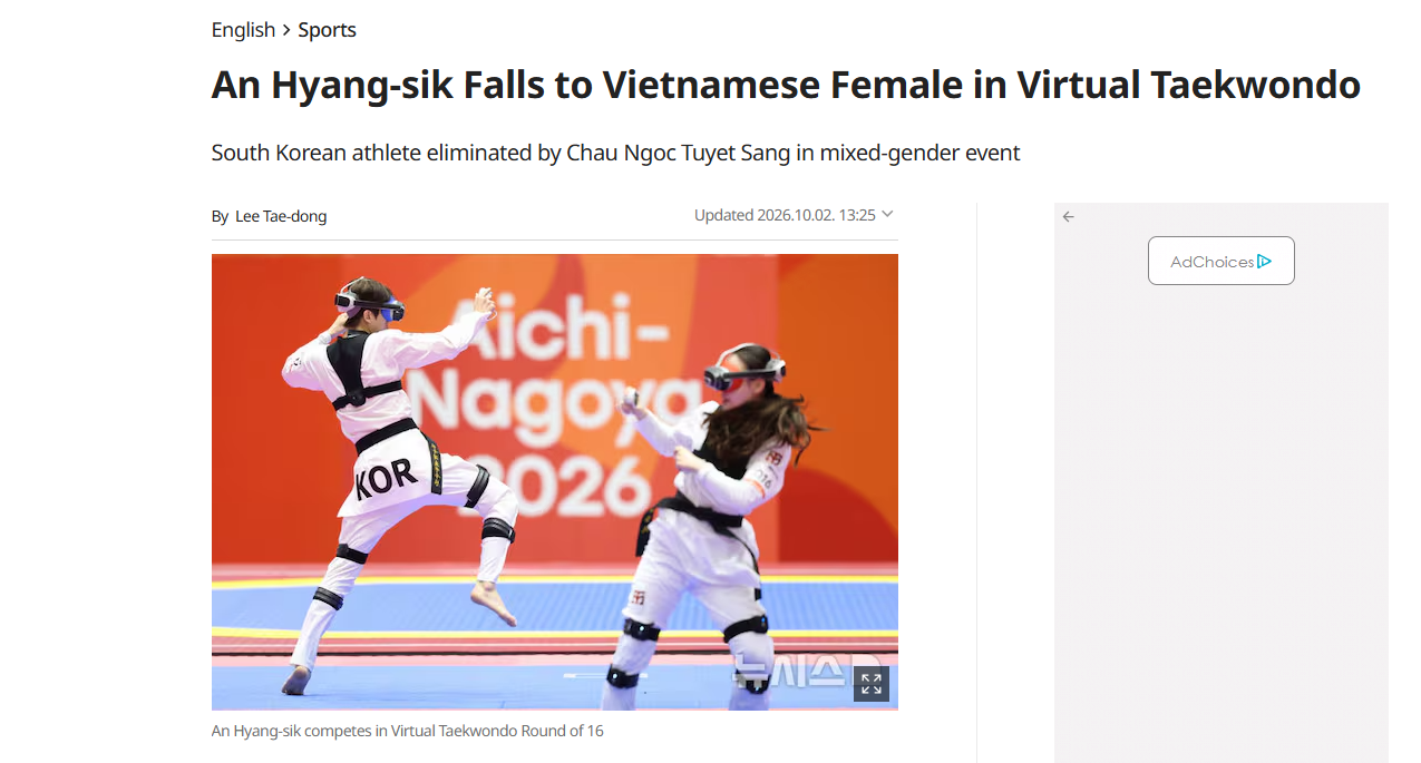 Báo Hàn Quốc ngỡ ngàng khi nam vương taekwondo của họ An Hyang Sik (bên trái) thua sốc Tuyết Sang (bên phải)
