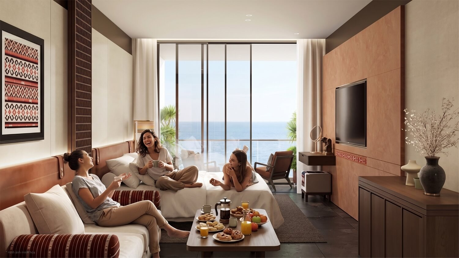 Thiết kế từ hoạ tiết Chăm H’roi, kết hợp với truyền thống đương đại, màu gạch Terracotta.