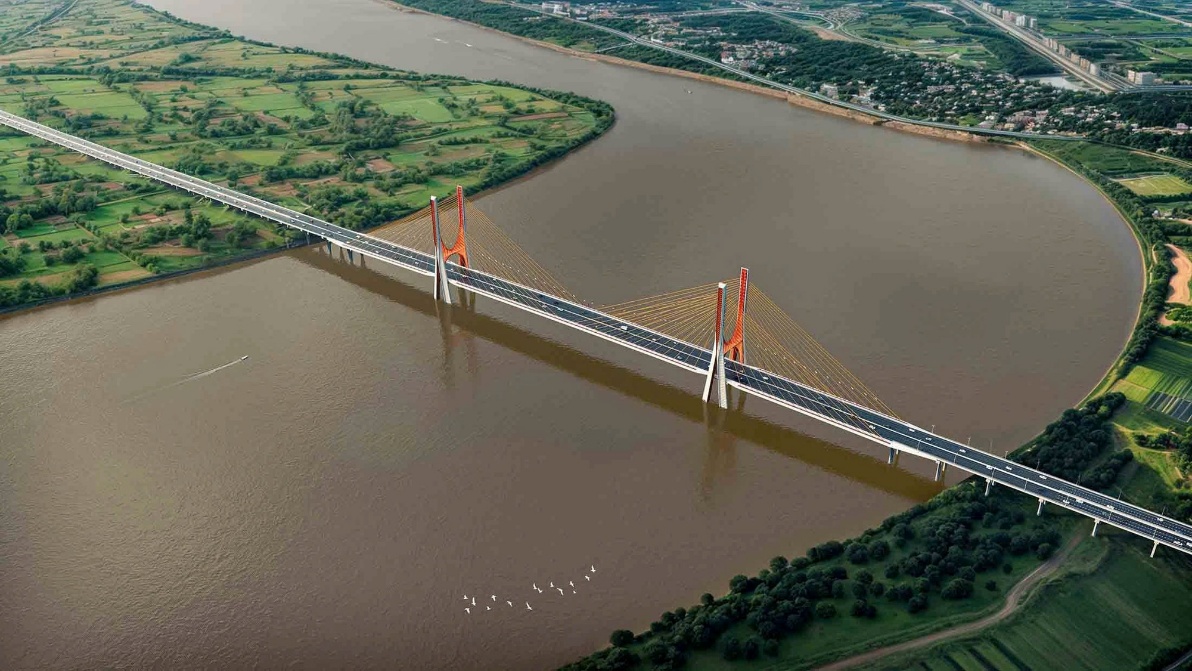 Cầu Ngọc Hồi bắc qua sông Hồng, kết nối khu vực Thanh Trì (Hà Nội) với Văn Giang (Hưng Yên)